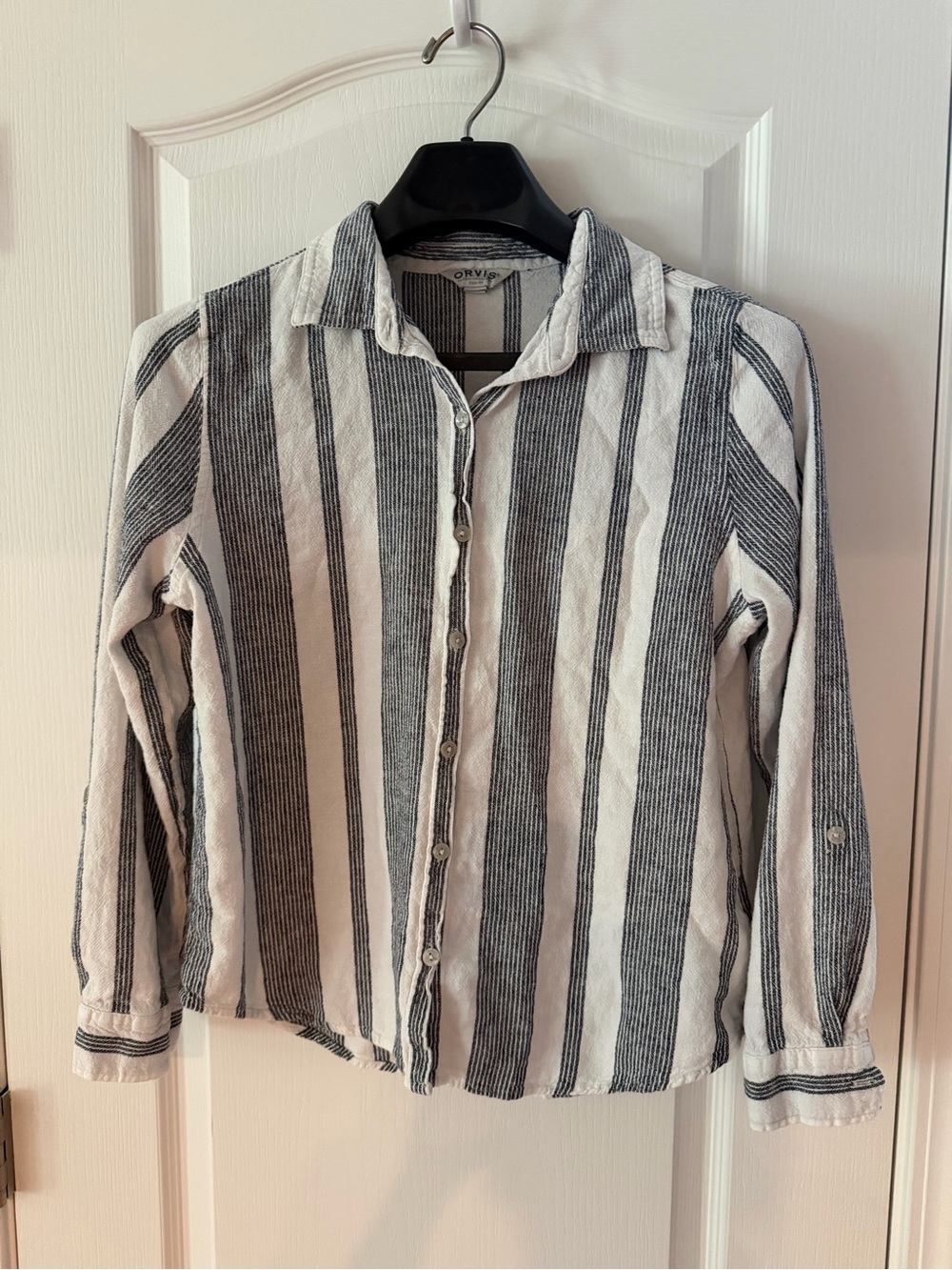 Orvis White and Black Vertical Stripe Button-Down Shirt